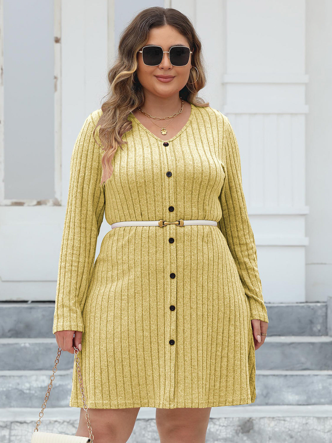 Plus Size Ribbed Buttoned V-Neck Long Sleeve Dress - The Goddess Galleries