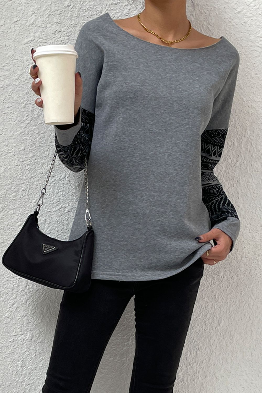 Shiny Boat Neck Long Printed Sleeve Blouse - The Goddess Galleries