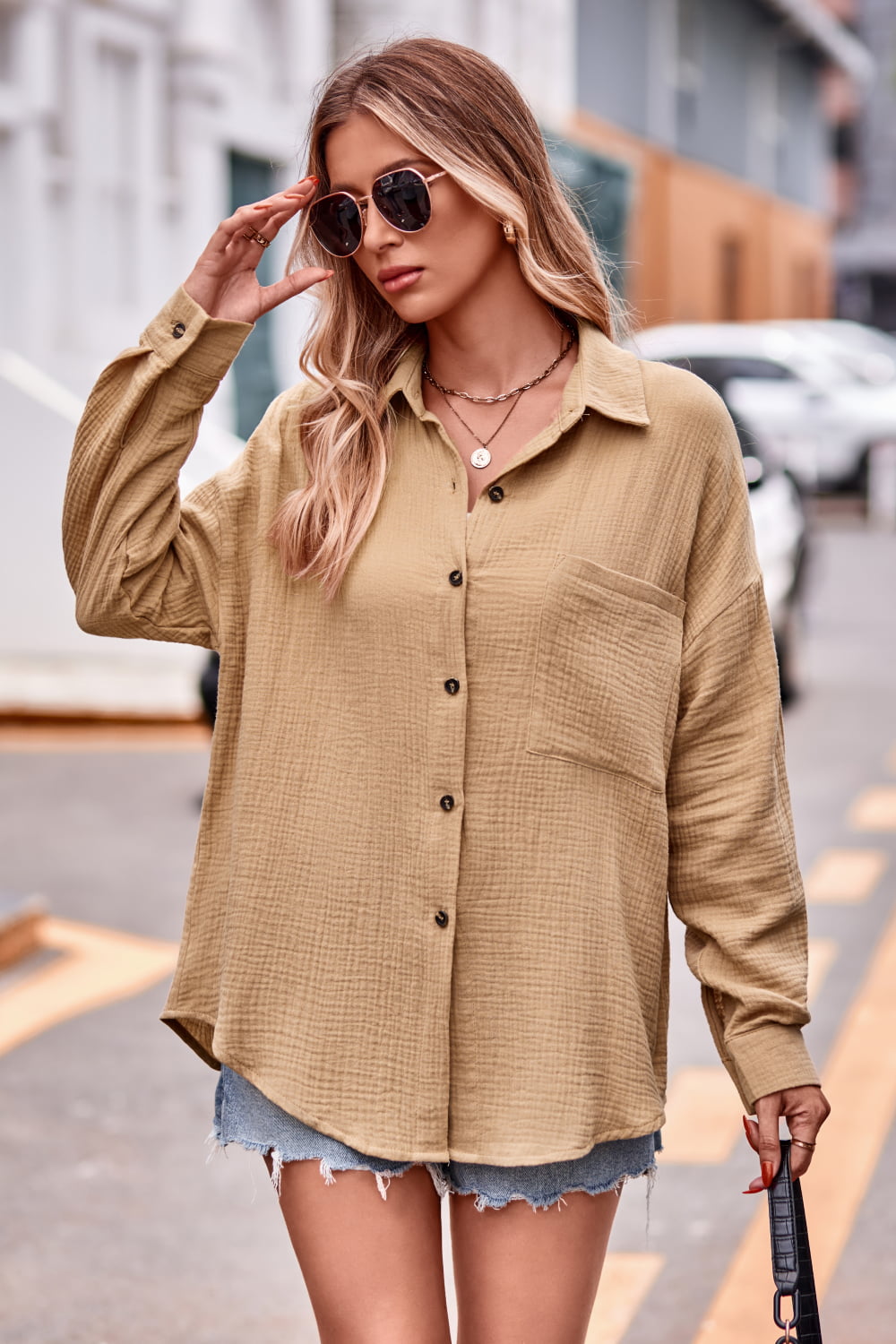 Textured Dropped Shoulder Longline Shirt - The Goddess Galleries