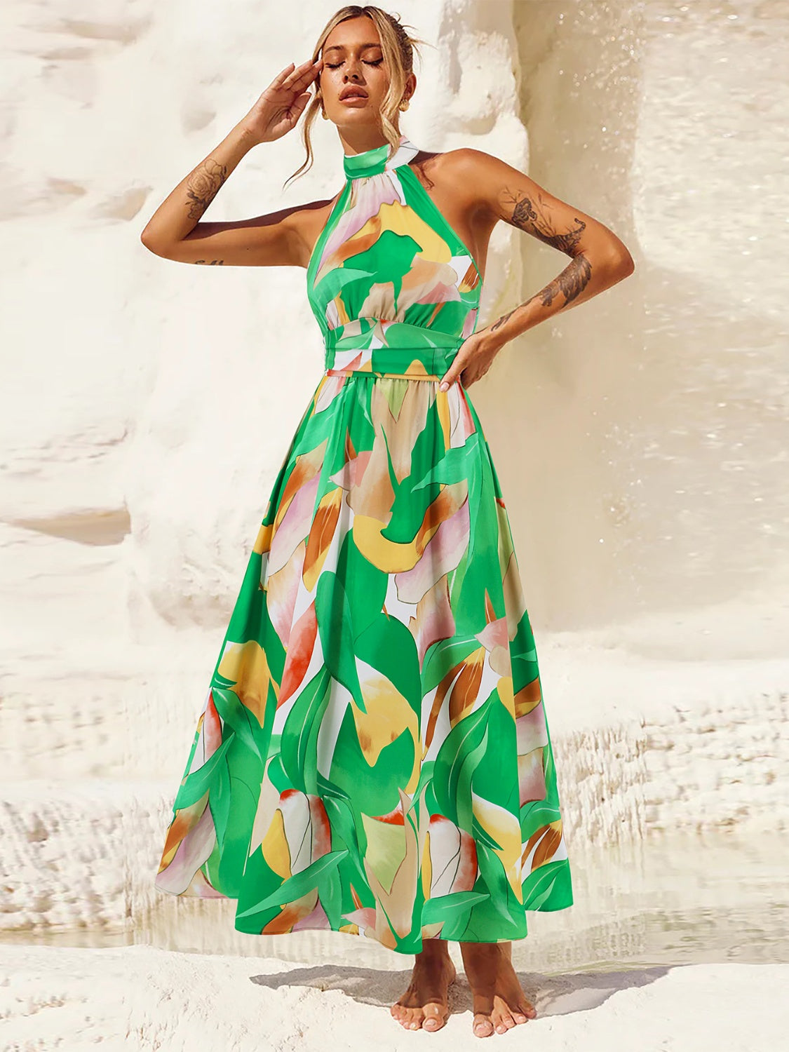 Ruched Printed Halter Neck Dress - The Goddess Galleries
