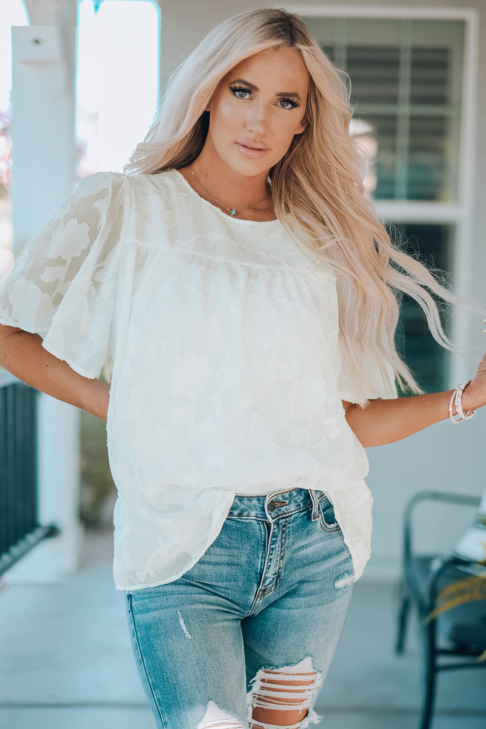 Round Neck Puff Sleeve Blouse - The Goddess Galleries