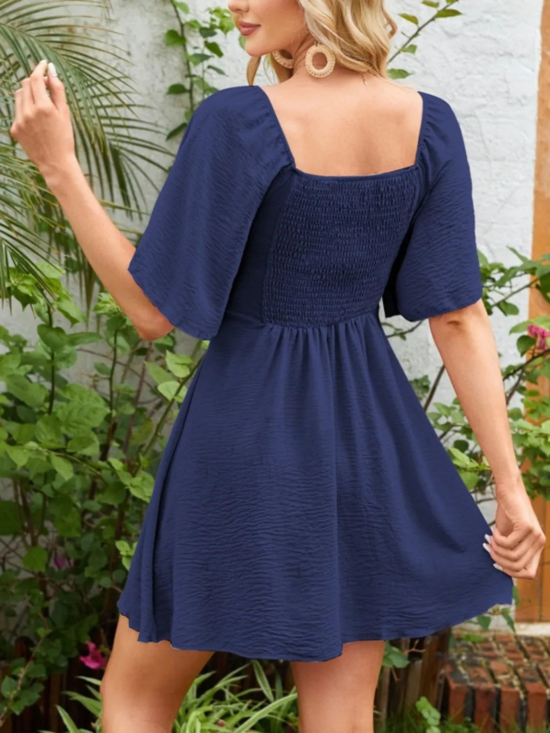 Smocked Back Knotted Flutter Sleeve Dress - The Goddess Galleries