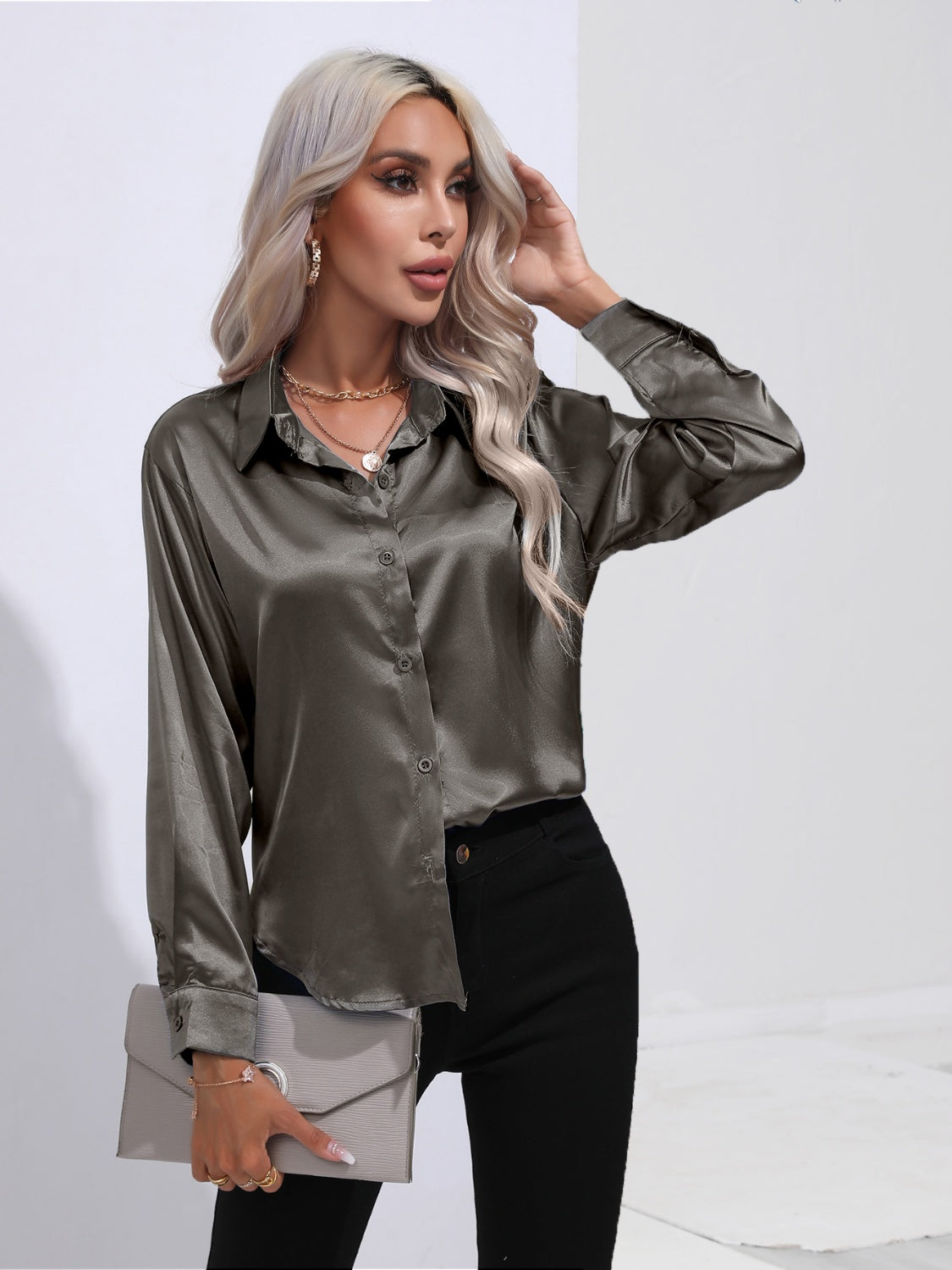 Collared Neck Buttoned Long Sleeve Shirt - The Goddess Galleries