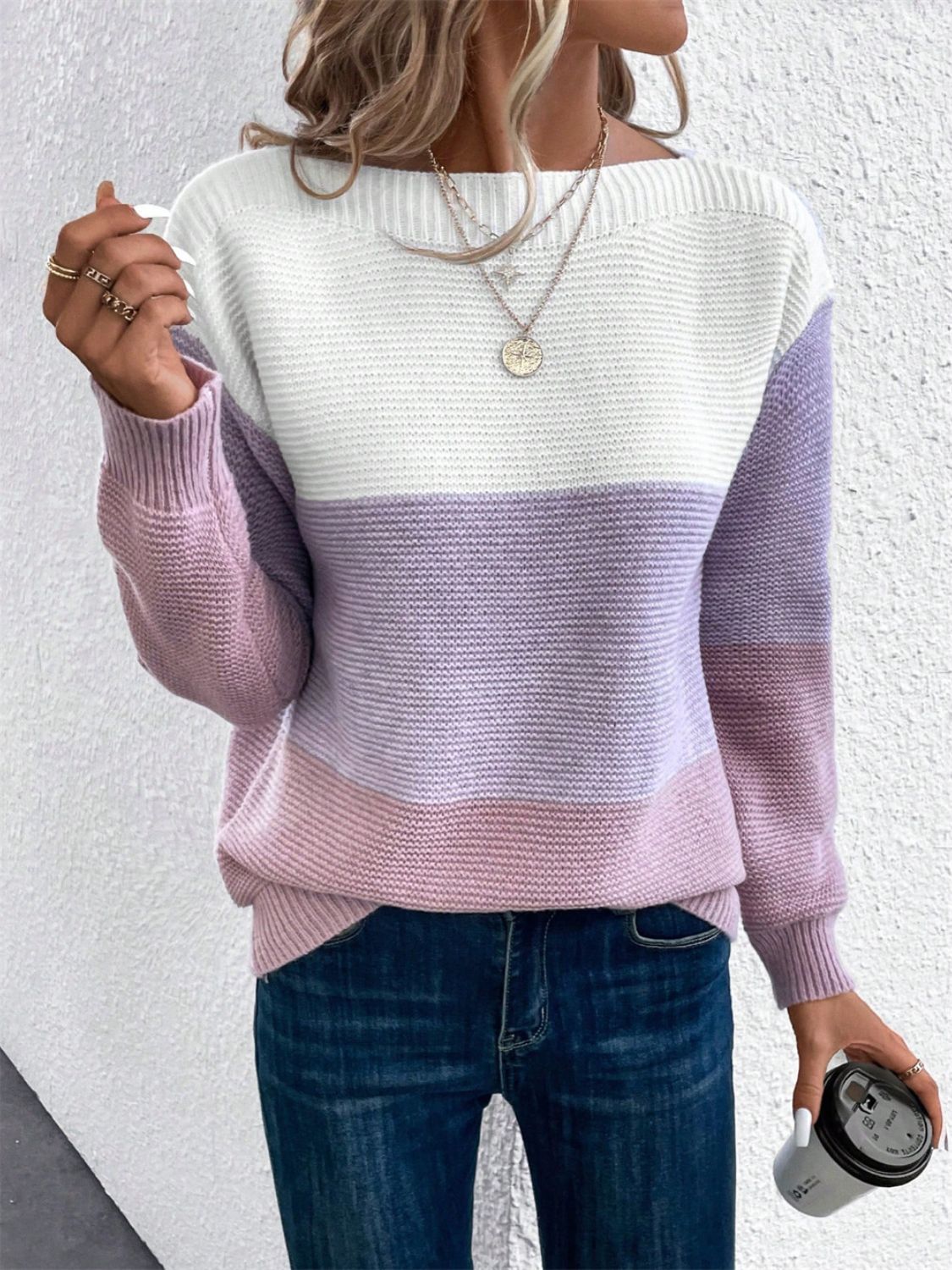 Color Block Drop Shoulder Long Sleeve Sweater - The Goddess Galleries