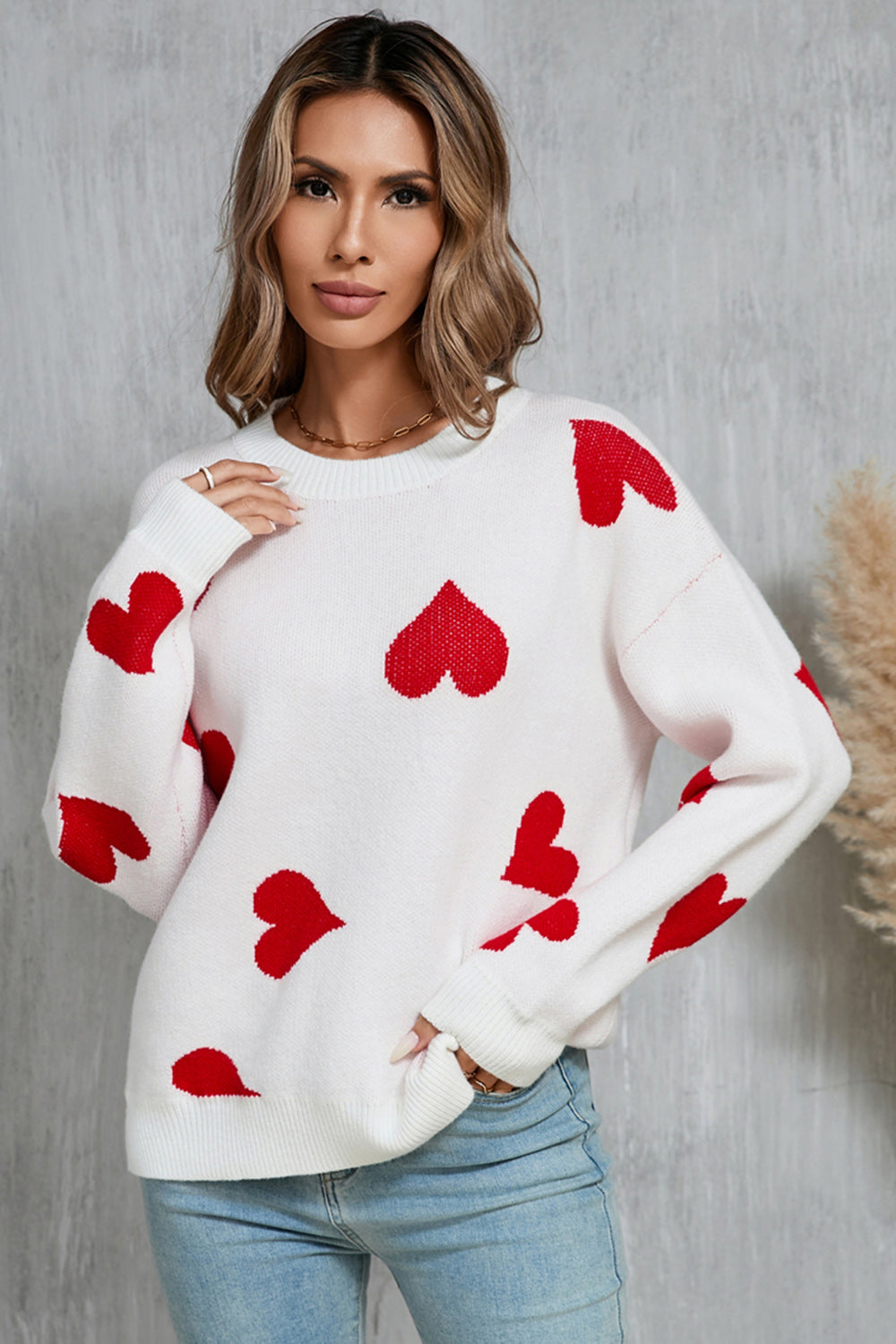 Angel Wings Heart Round Neck Dropped Shoulder Sweater - The Goddess Galleries
