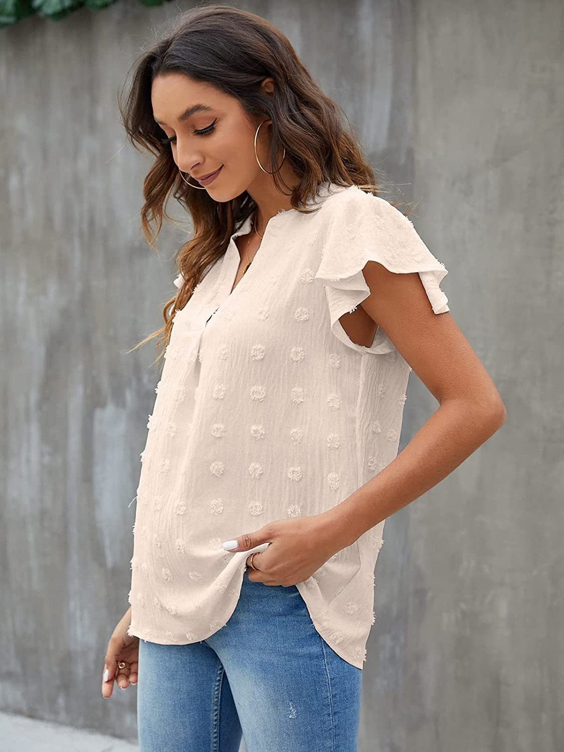 Swiss Dot Notched Flutter Sleeve Blouse - The Goddess Galleries