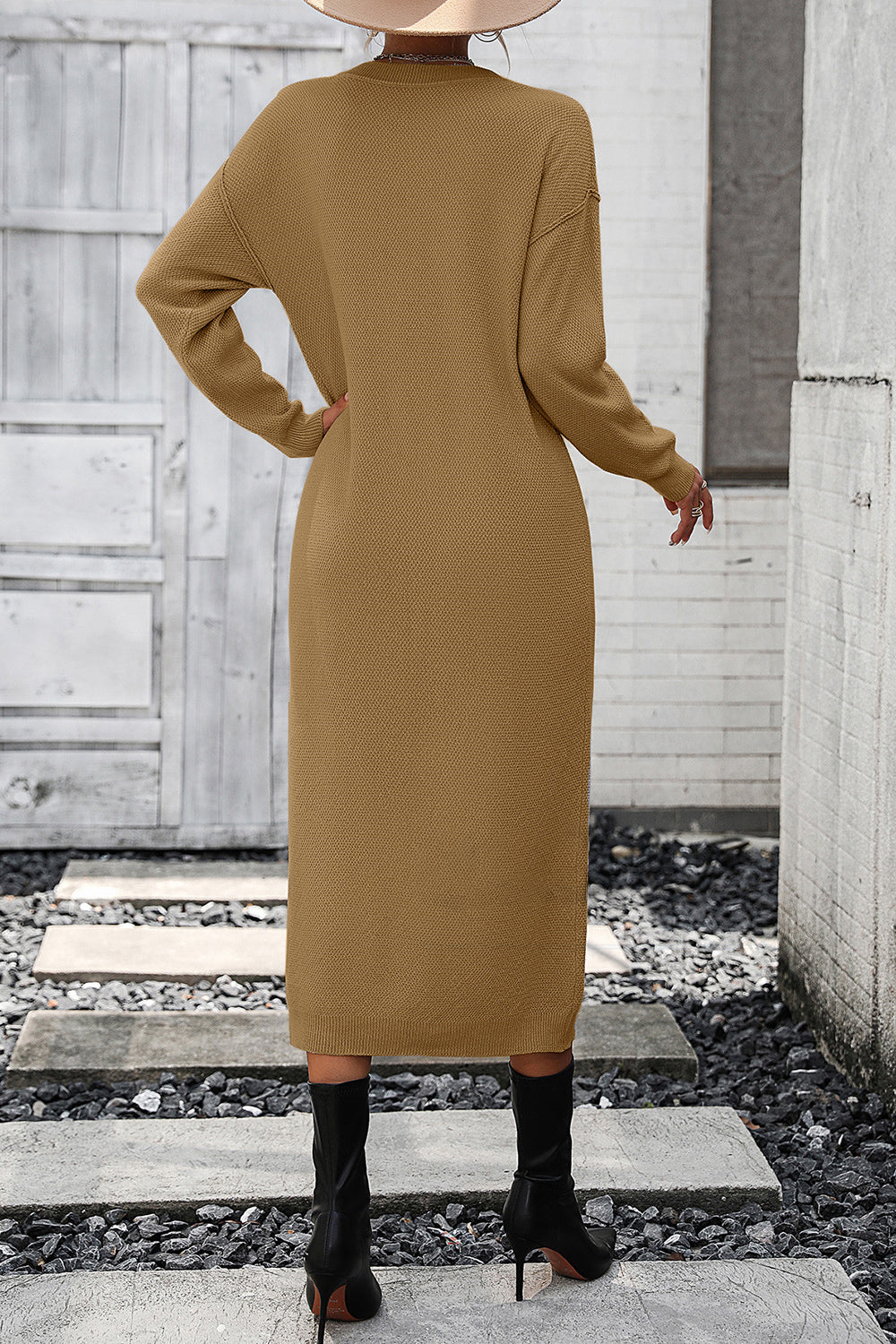 Decorative Button Notched Dropped Shoulder Sweater Dress - The Goddess Galleries