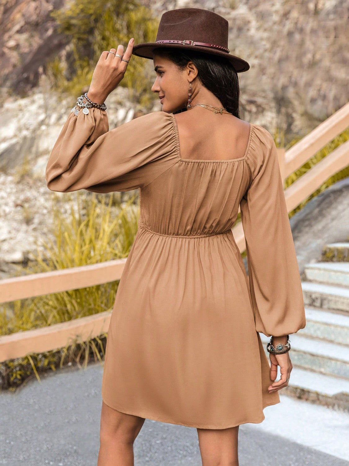 Crochet V-Neck Balloon Sleeve Dress - The Goddess Galleries