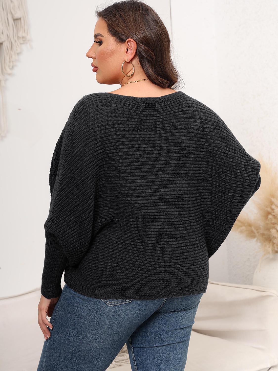 Full Size Boat Neck Batwing Sleeve Sweater - The Goddess Galleries