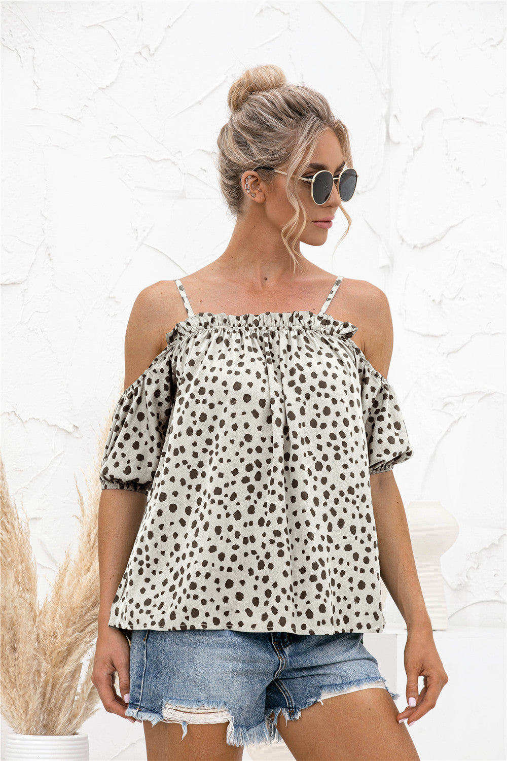 Printed Cold-Shoulder Frill Trim Blouse - The Goddess Galleries