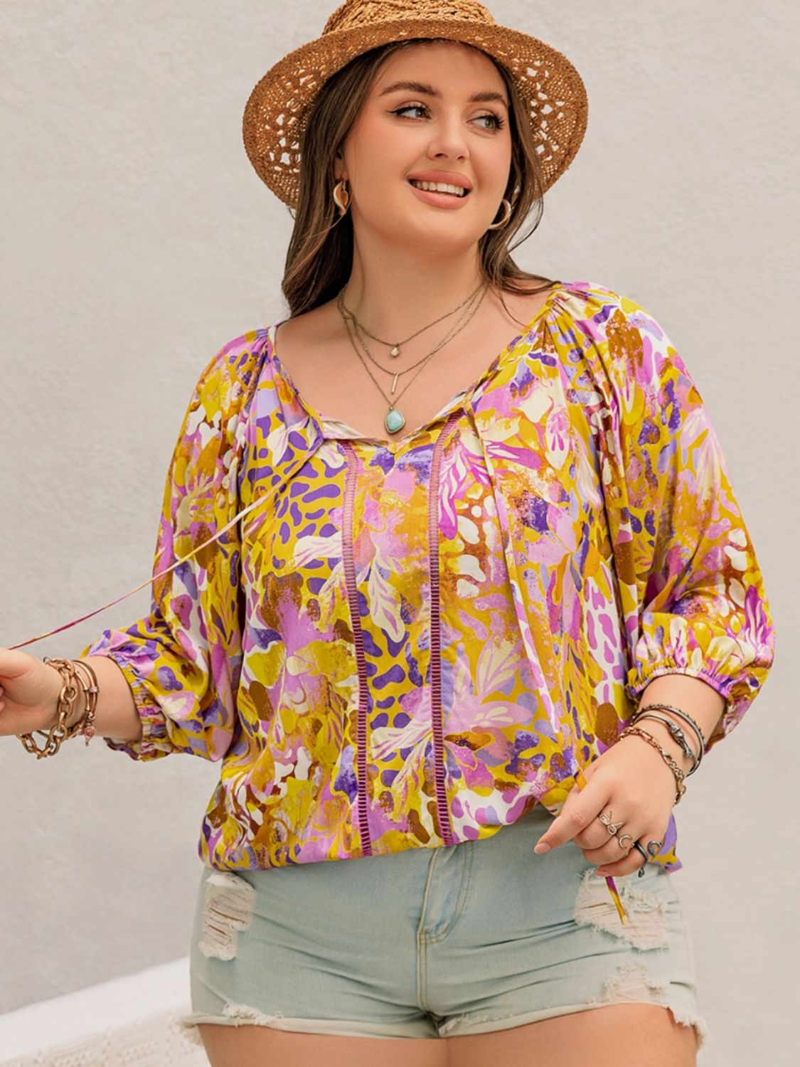 Plus Size Printed Tie Neck Blouse - The Goddess Galleries