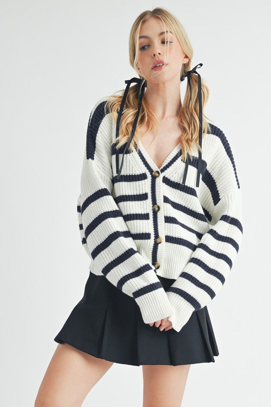 Aemi + Co Striped V-Neck Button Down Cardigan - The Goddess Galleries