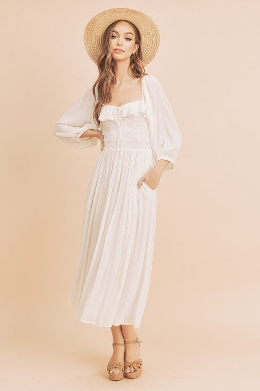 Aemi + Co Ruffled Smocked Square Neck Balloon Sleeve Dress - The Goddess Galleries