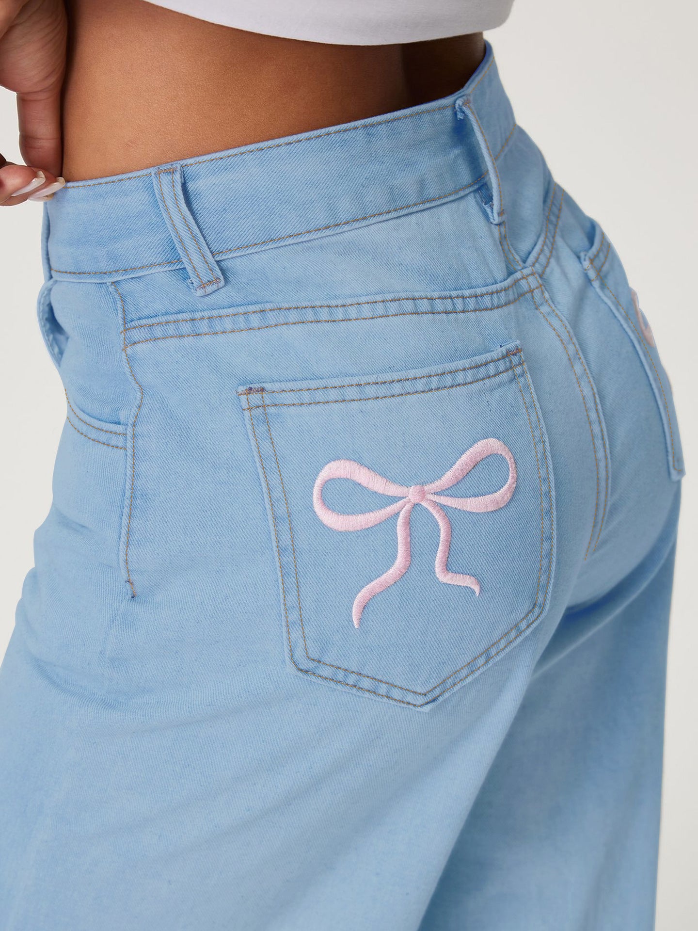 Embroidered Bow Back Wide Leg Jeans - The Goddess Galleries