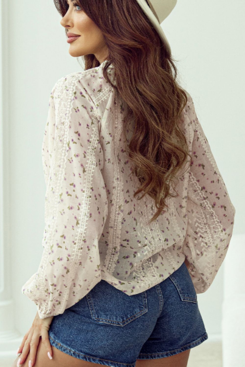 Frill Lace Detail Printed Tie Neck Long Sleeve Blouse - The Goddess Galleries