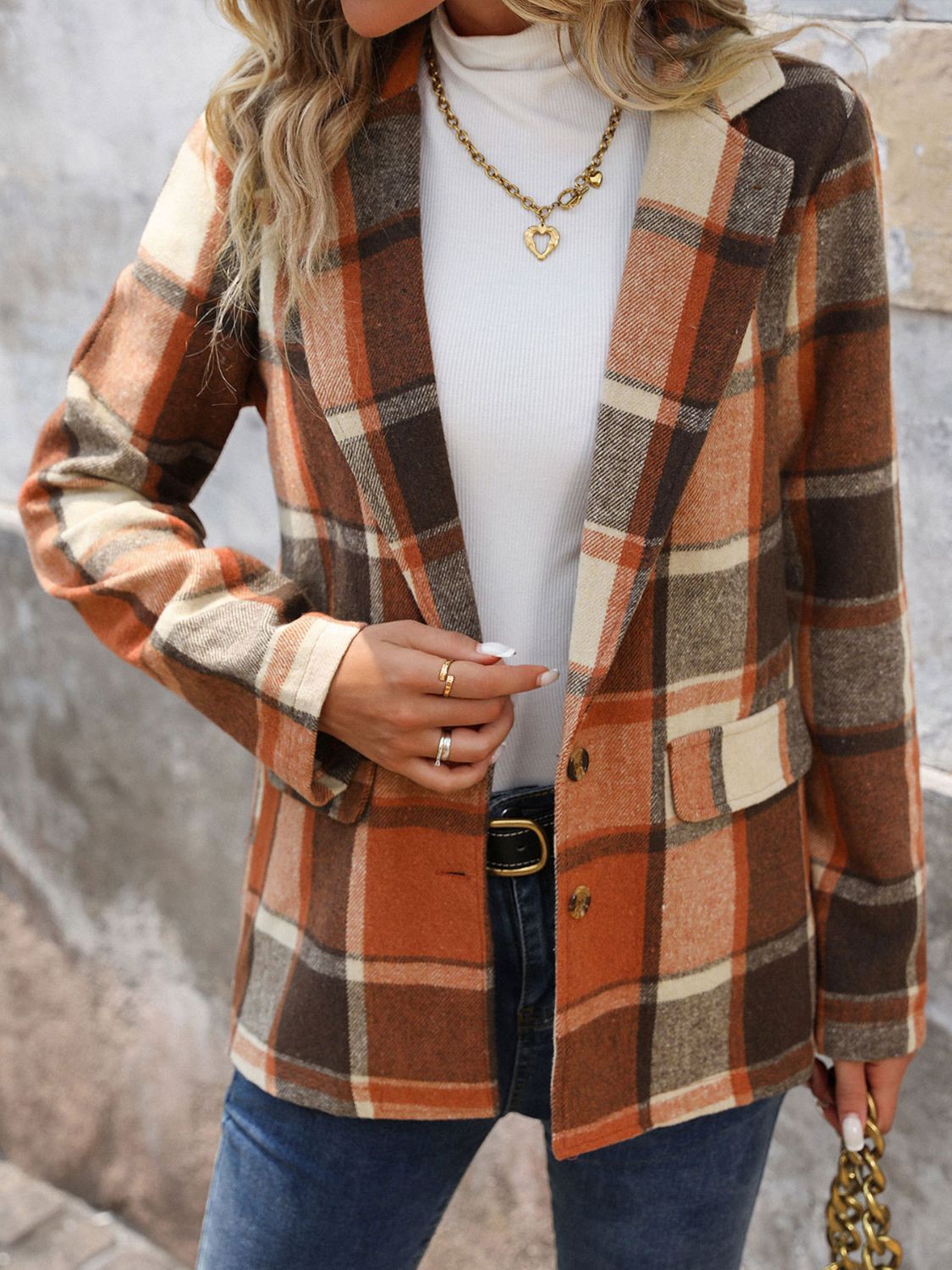 Perfee Plaid Button Down Lapel Collar Blazer - The Goddess Galleries