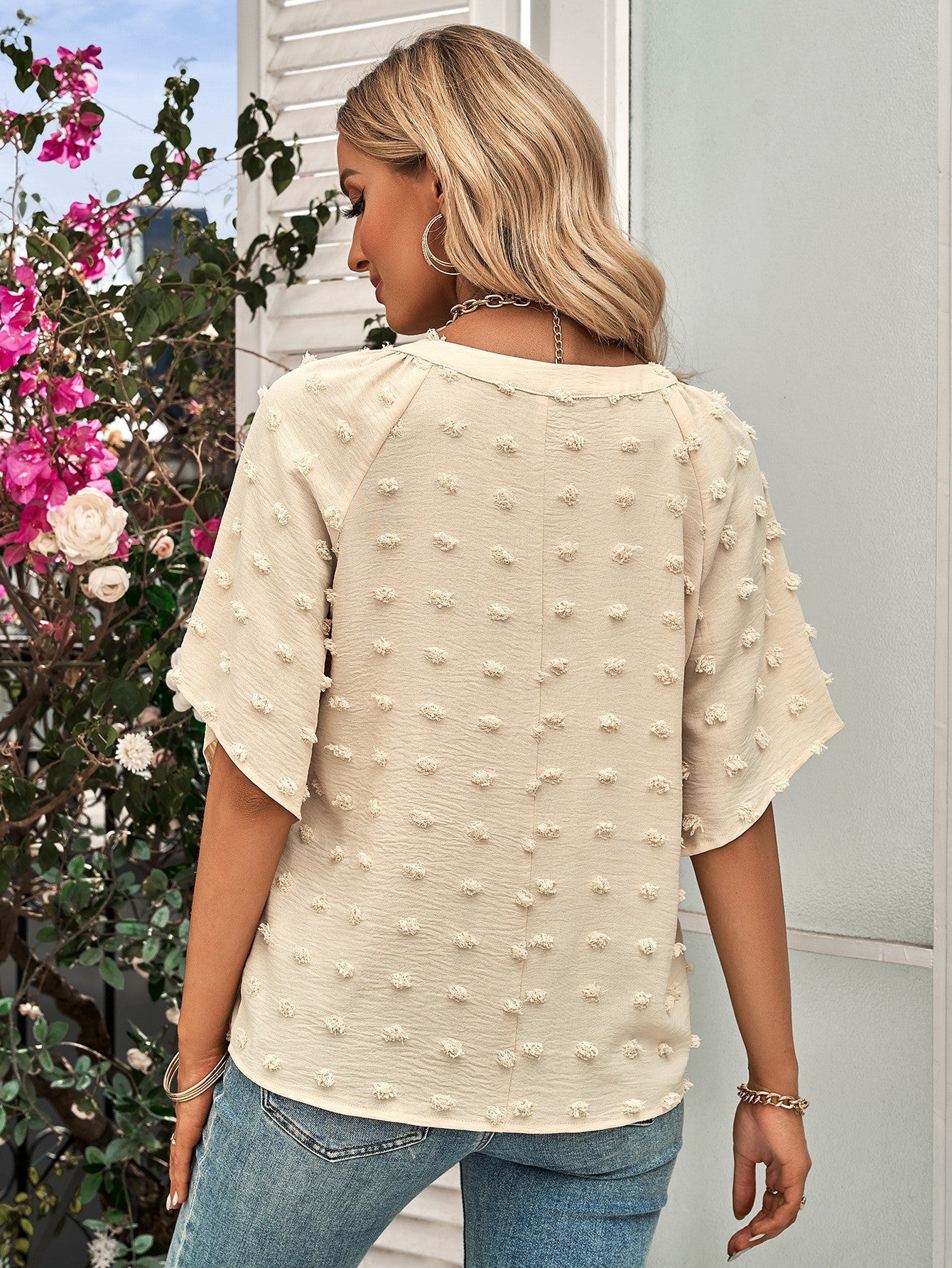 Swiss Dot Notched Neck Flare Sleeve Blouse - The Goddess Galleries