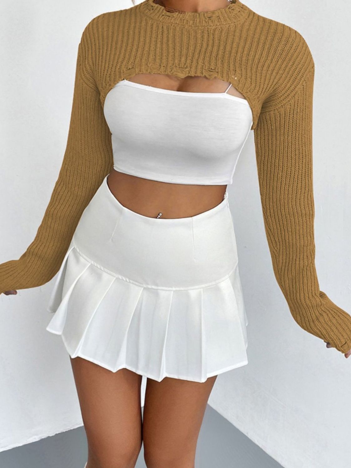 Distressed Long Sleeve Cropped Sweater - The Goddess Galleries