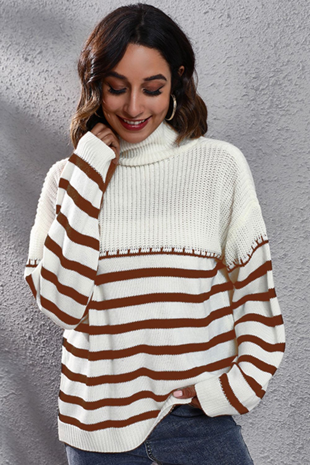 Striped Turtleneck Drop Shoulder Sweater - The Goddess Galleries