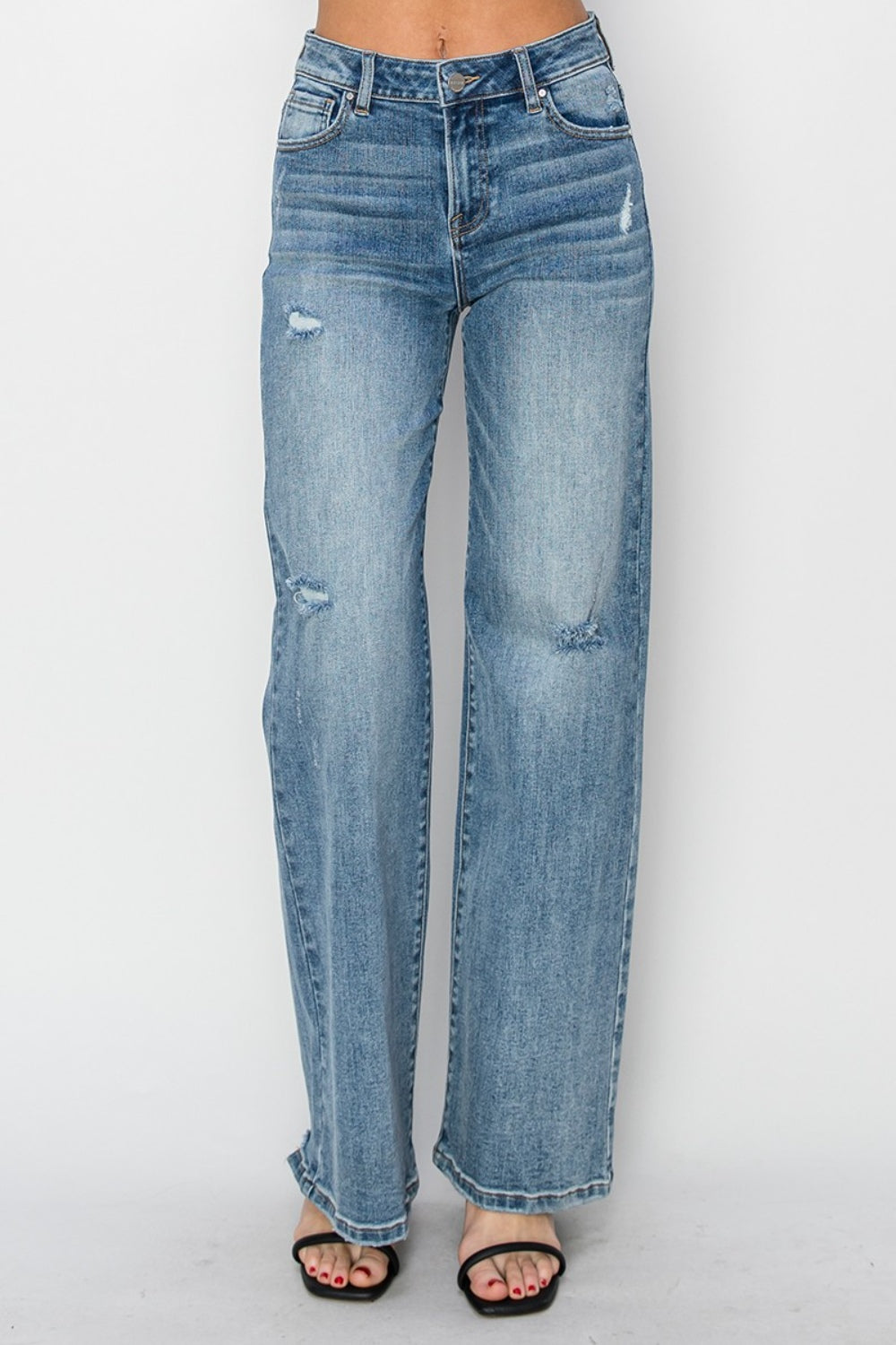 RISEN Full Size High Waist Distressed Wide Leg Jeans - The Goddess Galleries