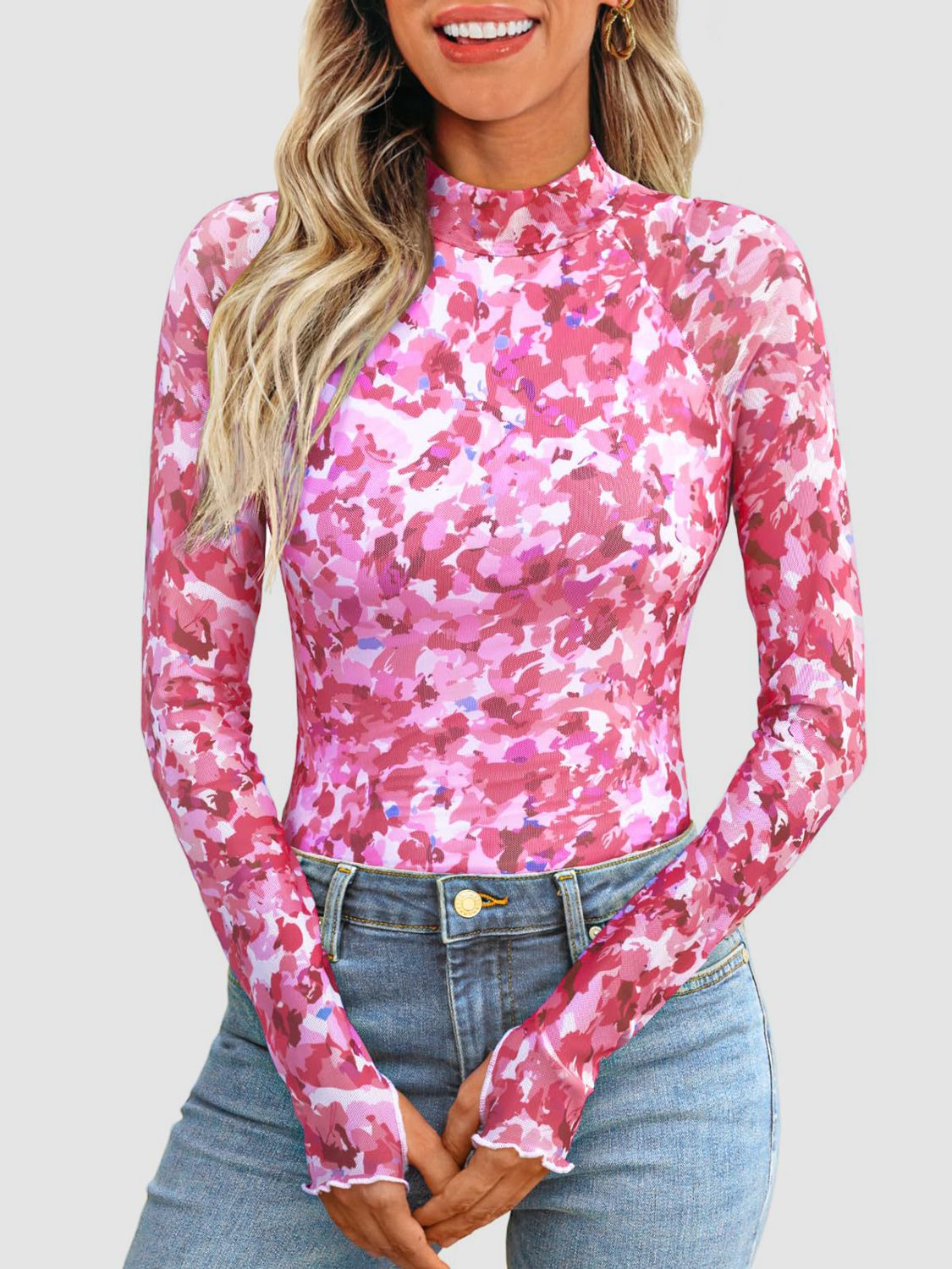 Floral Mock Neck Long Sleeve T-Shirt - The Goddess Galleries
