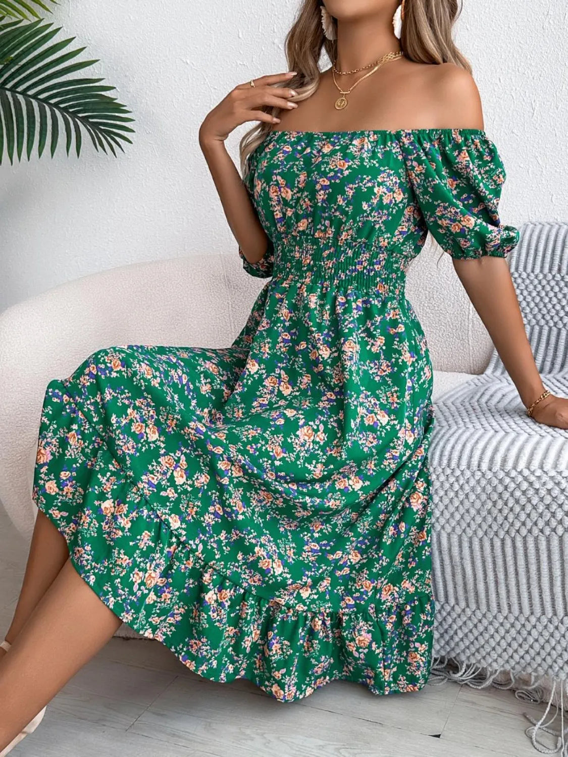Ruffled Hem Floral Puff Sleeve Dress - The Goddess Galleries