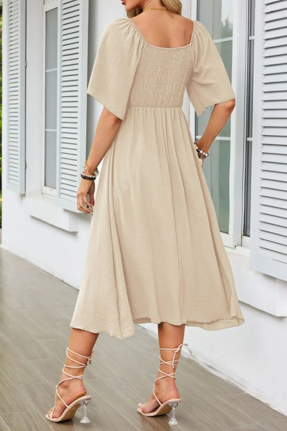 Smocked Tie Front Flutter Sleeve Midi Dress - The Goddess Galleries