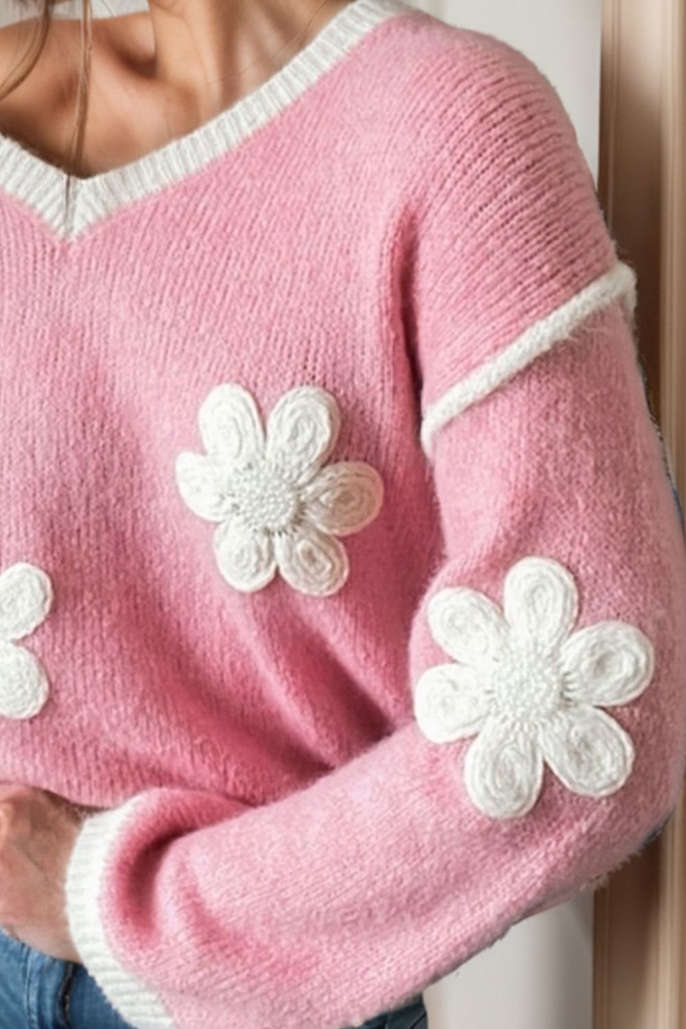 Flower V-Neck Dropped Shoulder Sweater - The Goddess Galleries