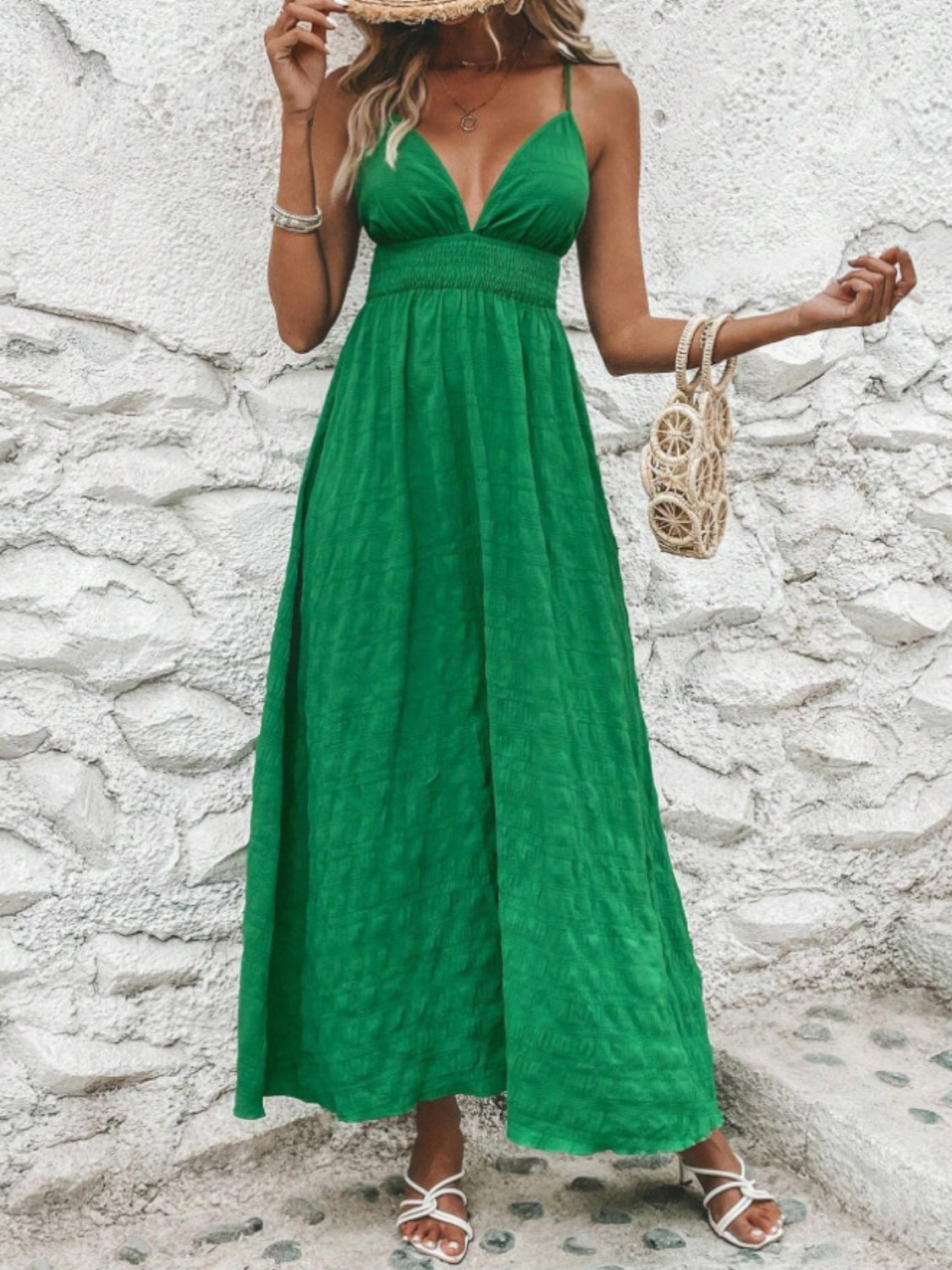 Crisscross Back Smocked Maxi Cami Dress - The Goddess Galleries