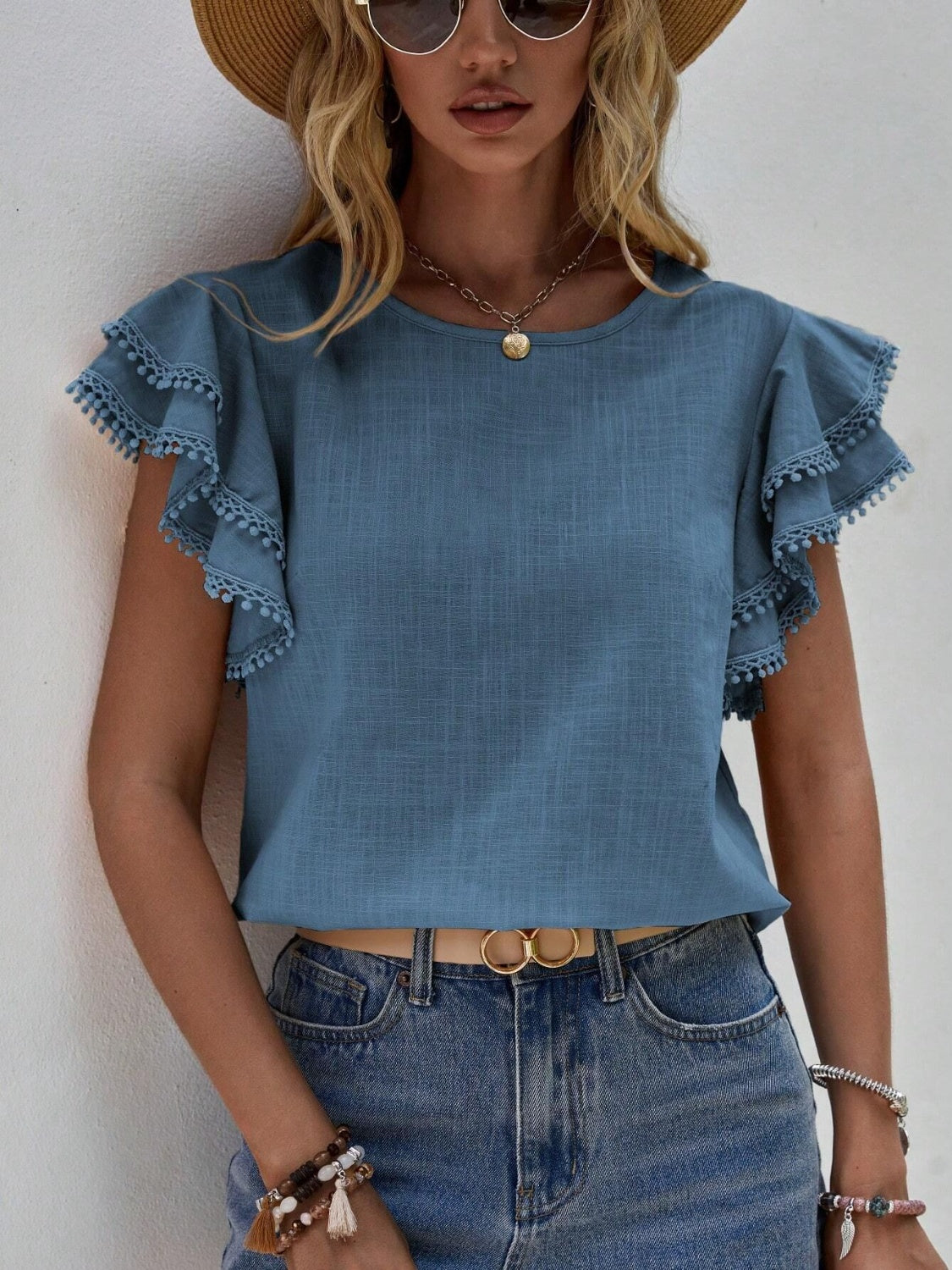 Ruffled Cap Sleeve Round Neck Blouse - The Goddess Galleries