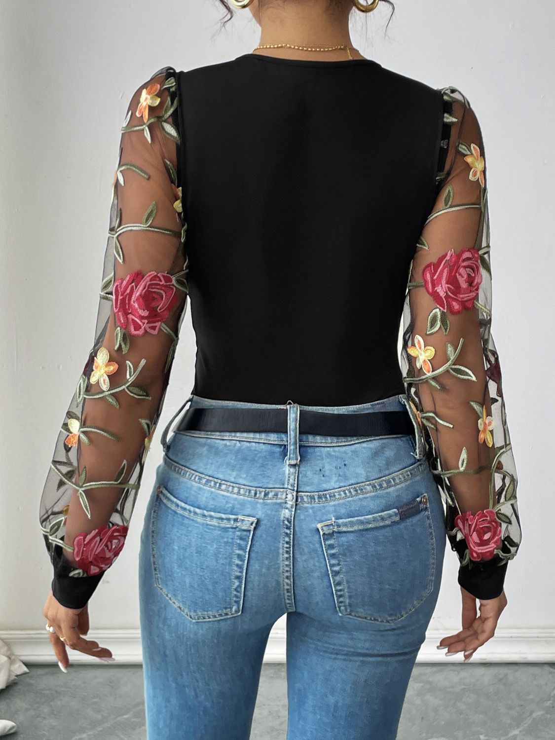 Perfee Embroidered V-Neck Long Sleeve Bodysuit - The Goddess Galleries