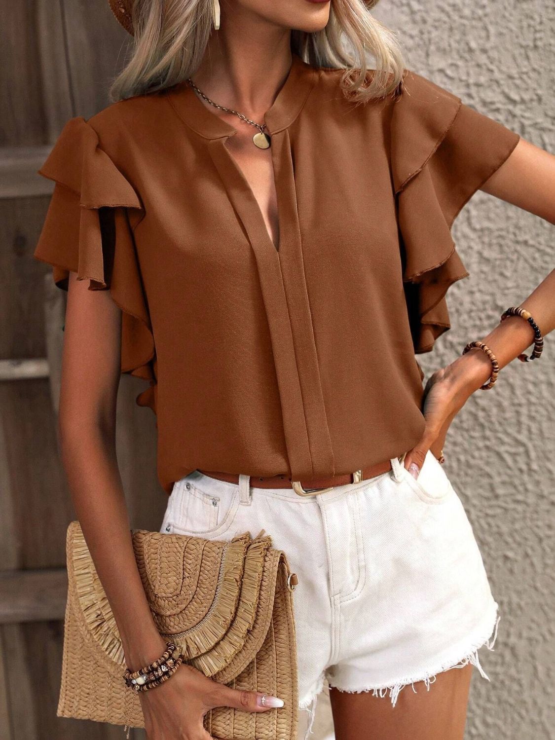 Ruffled Notched Short Sleeve Blouse - The Goddess Galleries