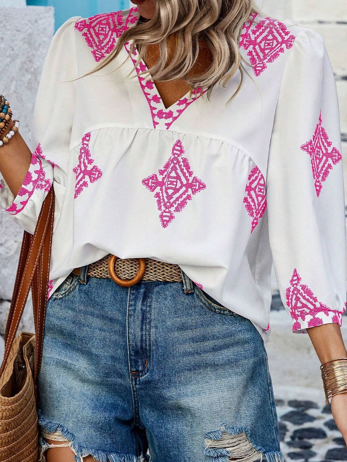 Printed V-Neck Three-Quarter Sleeve Blouse - The Goddess Galleries