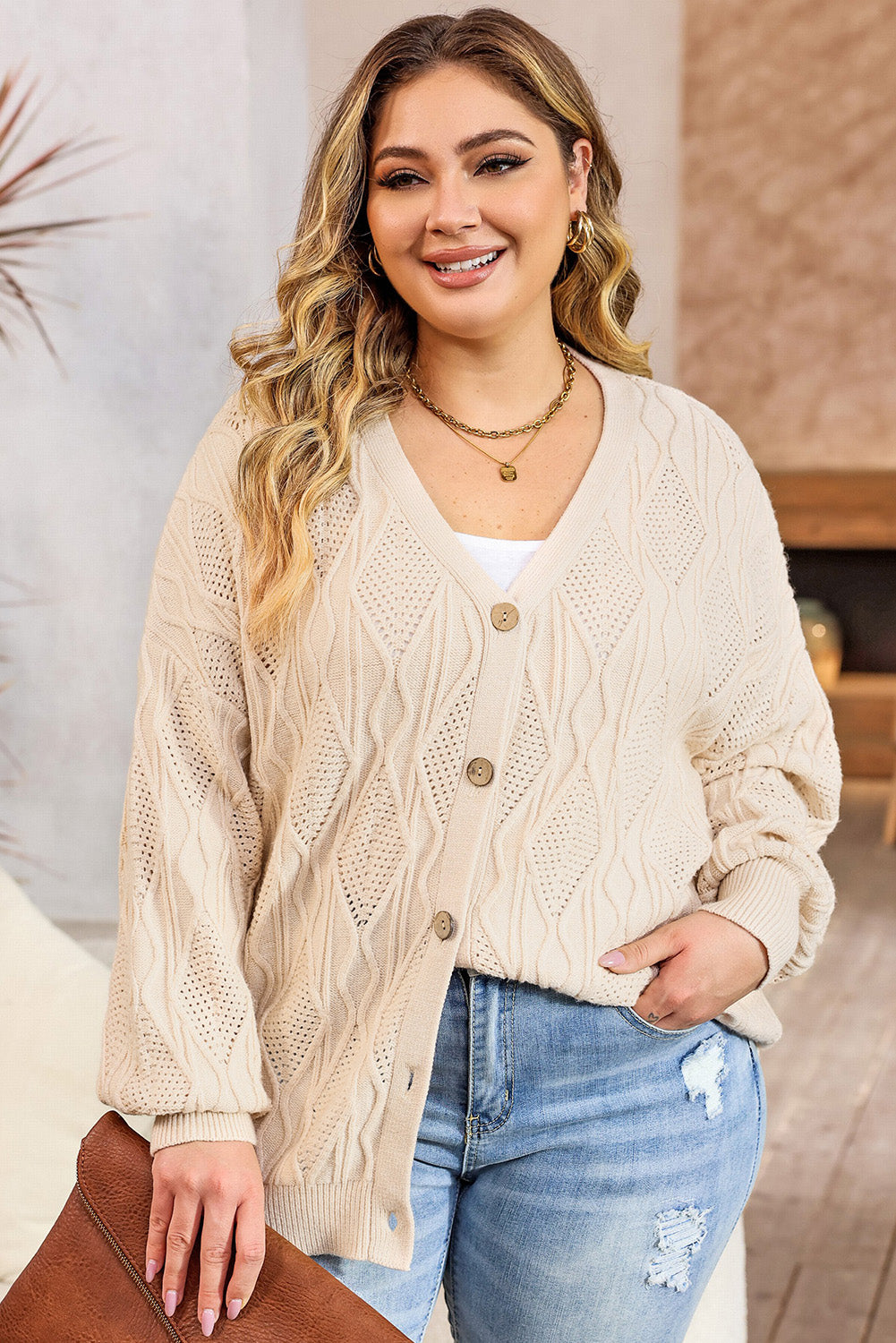 Plus Size Cable-Knit Button Up Sweater - The Goddess Galleries