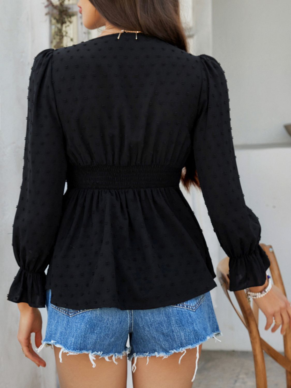 Devine Swiss Dot Lace Detail Surplice Flounce Sleeve Blouse - The Goddess Galleries