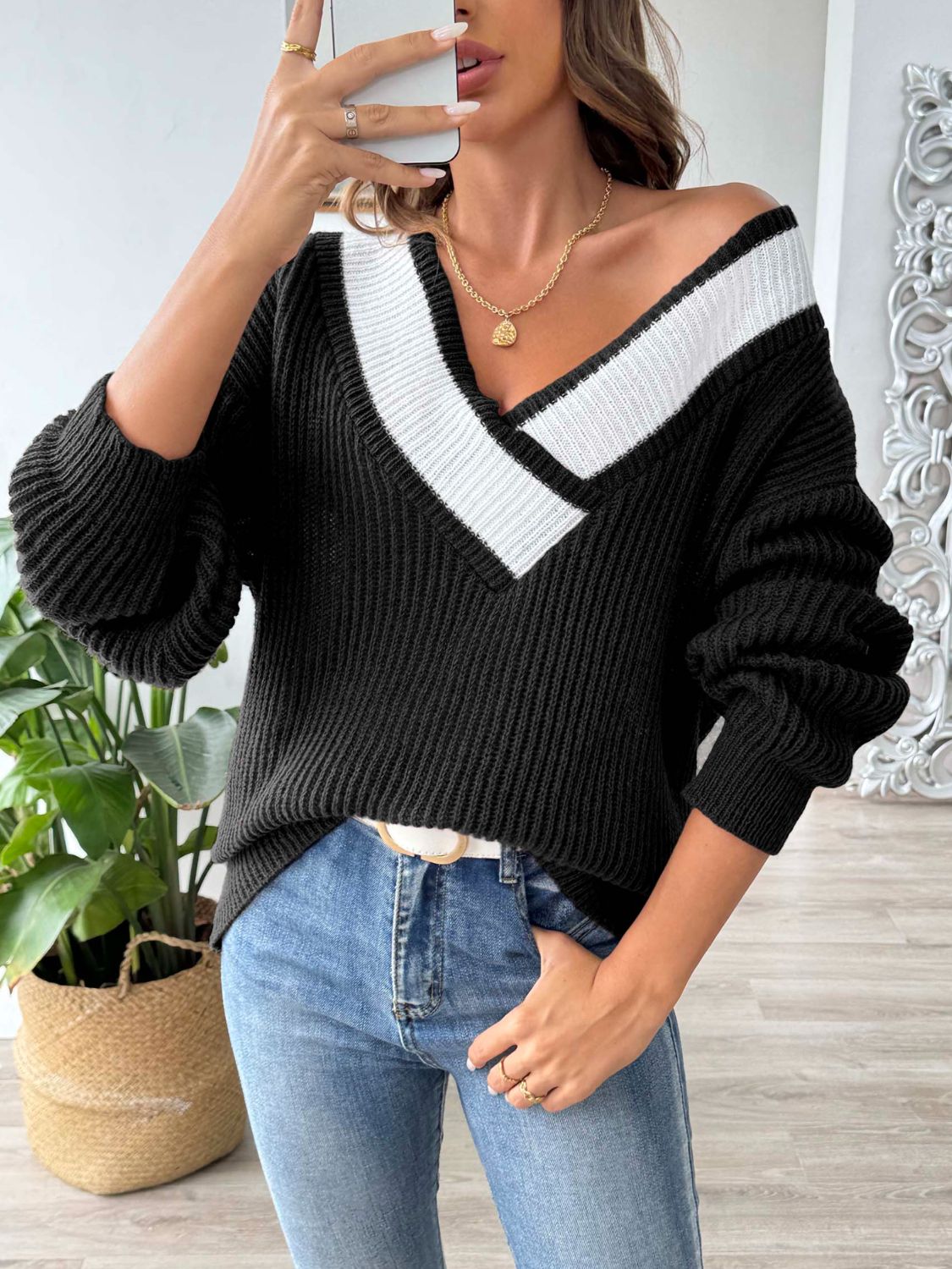 Contrast Dropped Shoulder Long Sleeve Sweater - The Goddess Galleries