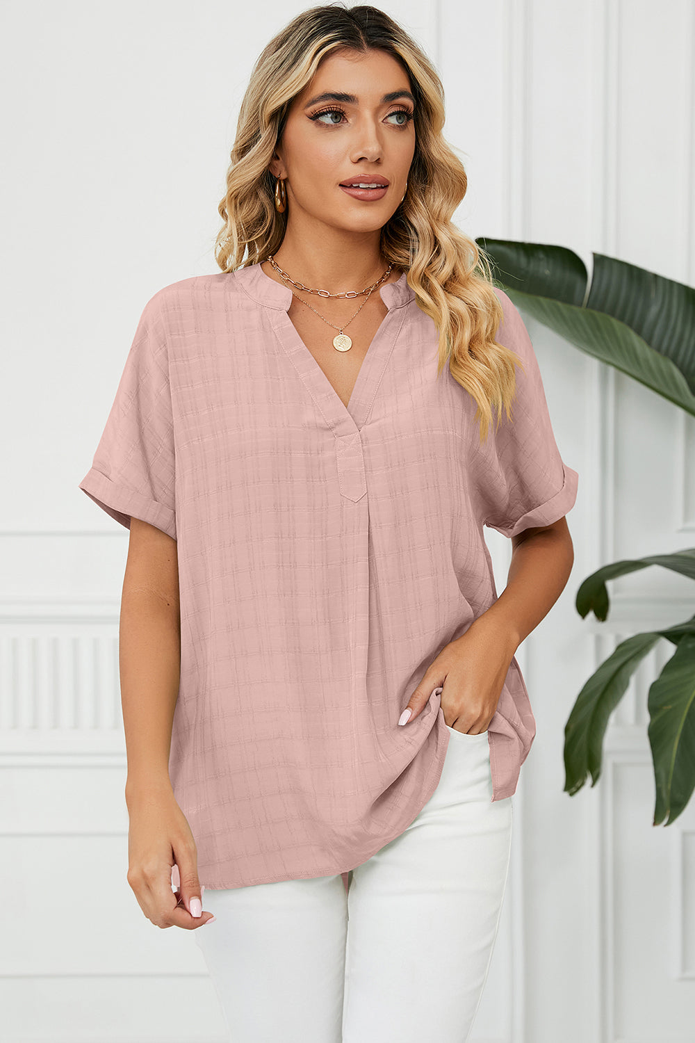 Ruched Notched Short Sleeve Blouse - The Goddess Galleries
