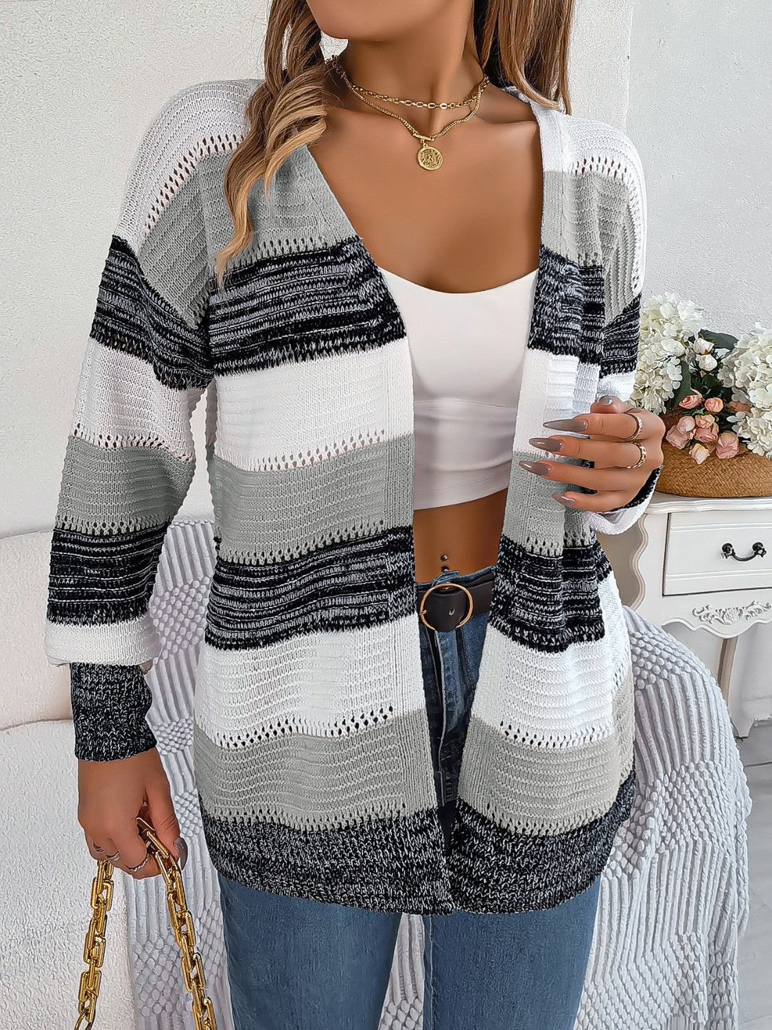 Openwork Striped Open Front Cardigan - The Goddess Galleries