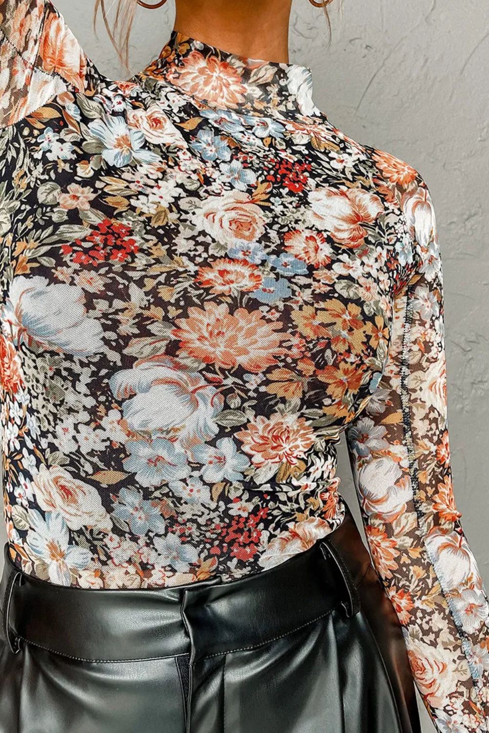 Floral Mock Neck Long Sleeve Top - The Goddess Galleries