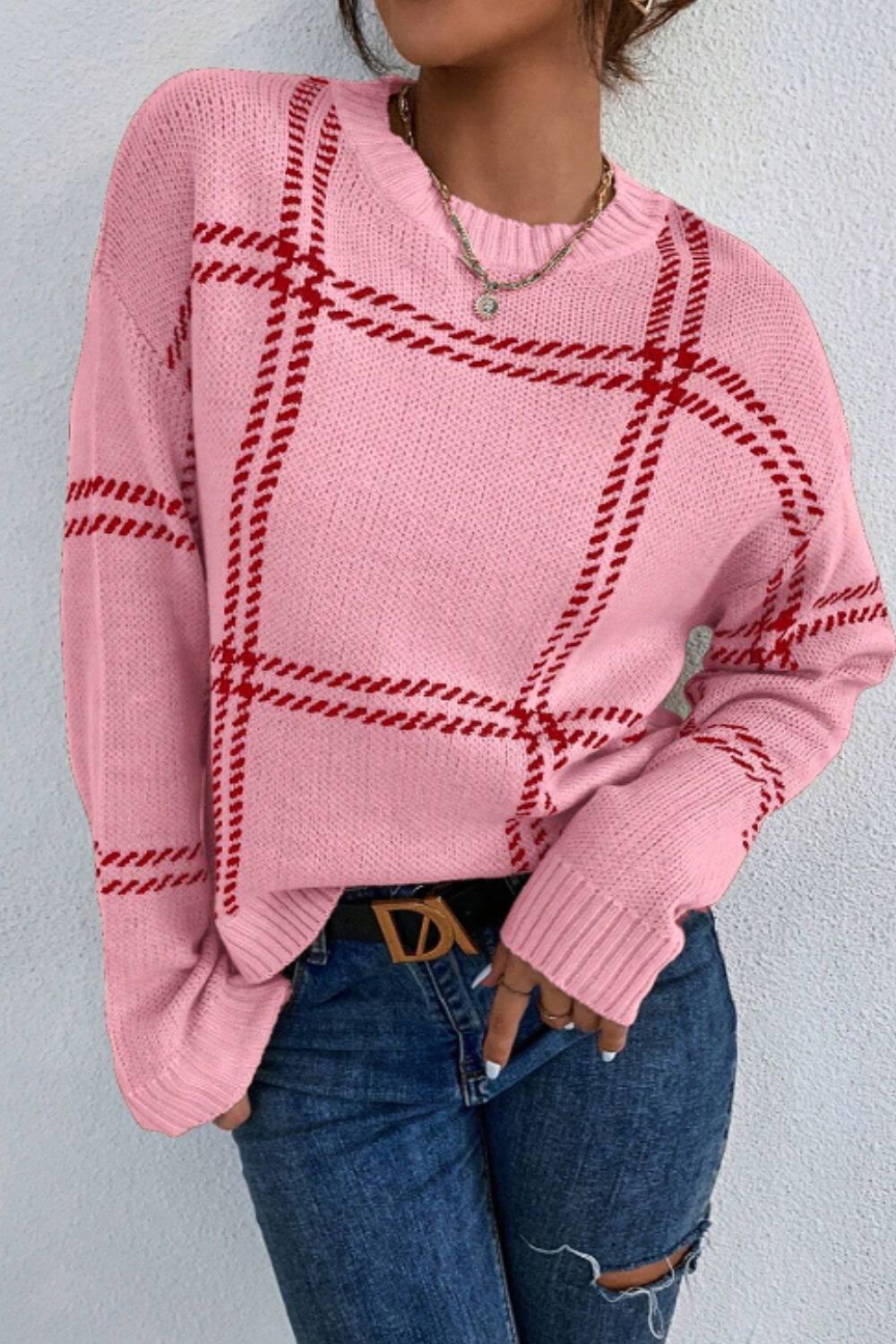 Contrast Round Neck Long Sleeve Sweater - The Goddess Galleries