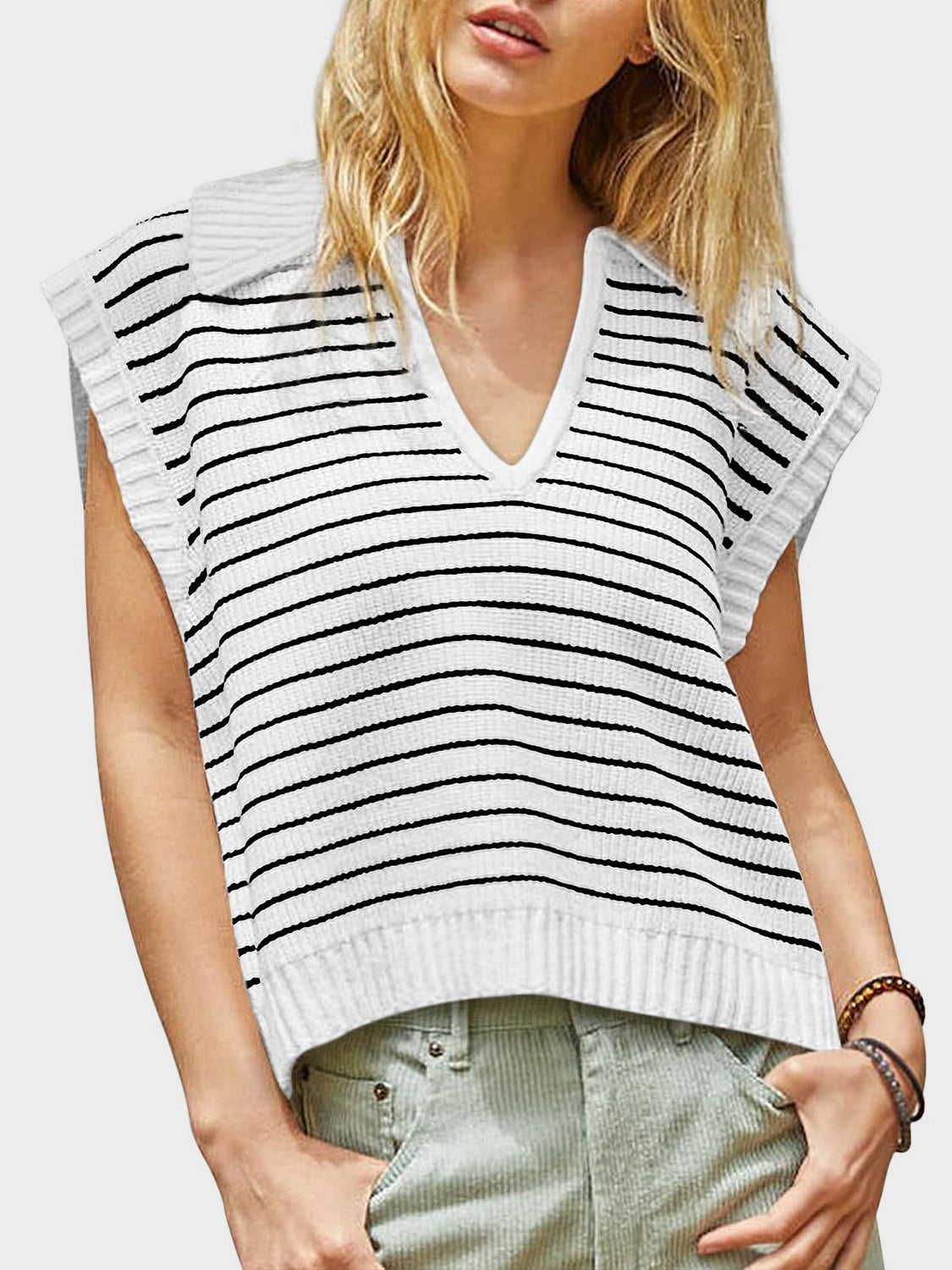 Mandy Collared Neck Striped Sweater Vest - The Goddess Galleries