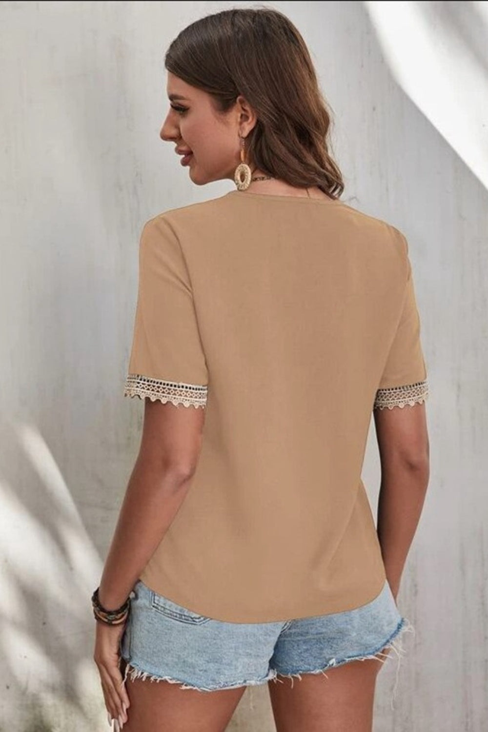 Full Size Lace Detail V-Neck Short Sleeve Blouse - The Goddess Galleries