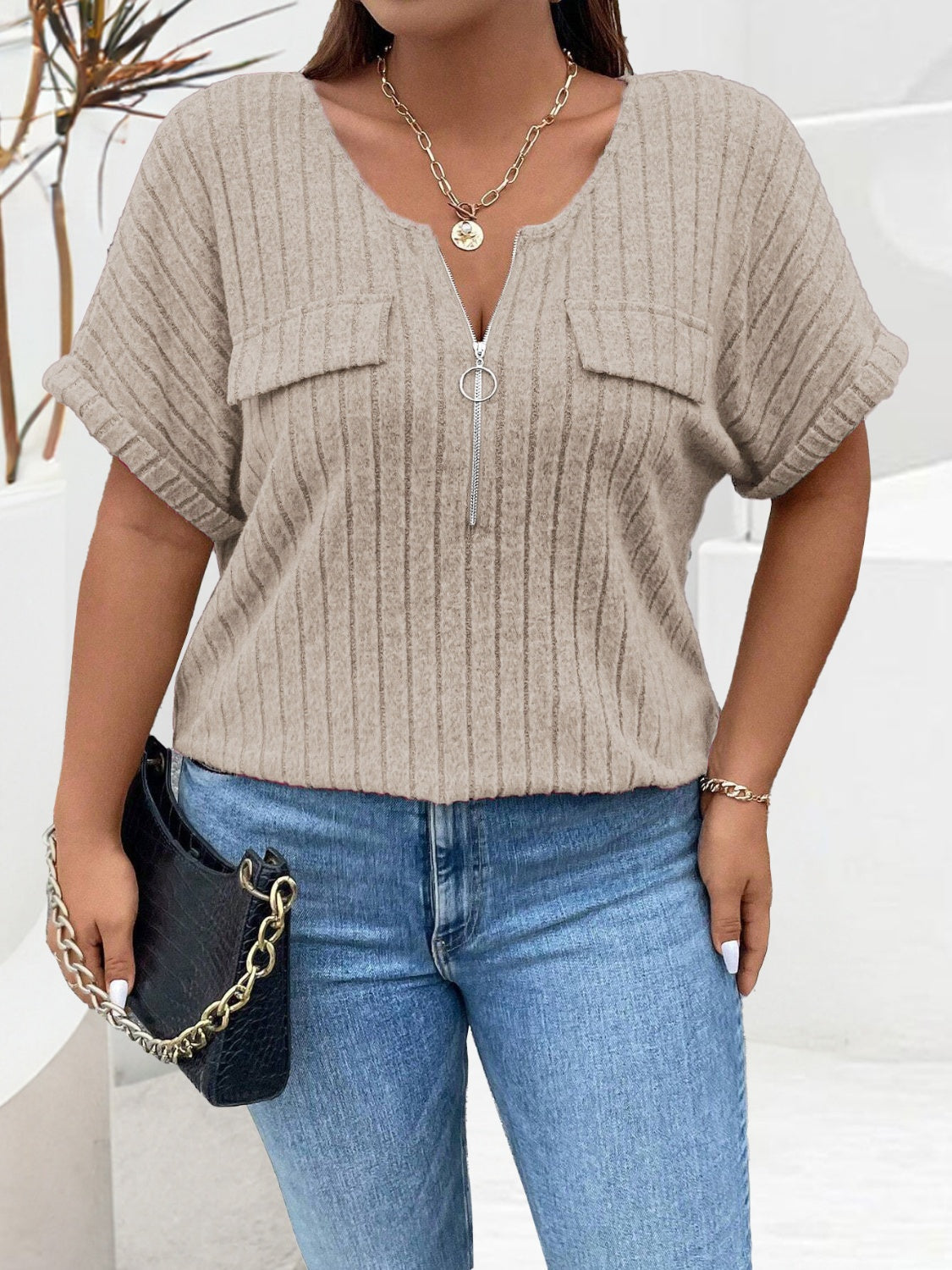 Plus Size Half Zip Short Sleeve T-Shirt - The Goddess Galleries