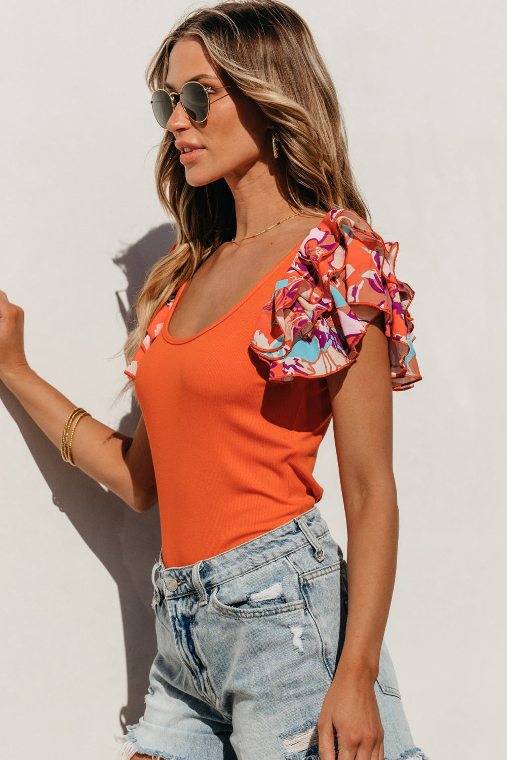 Scoop Neck Flounce Sleeve Bodysuit - The Goddess Galleries