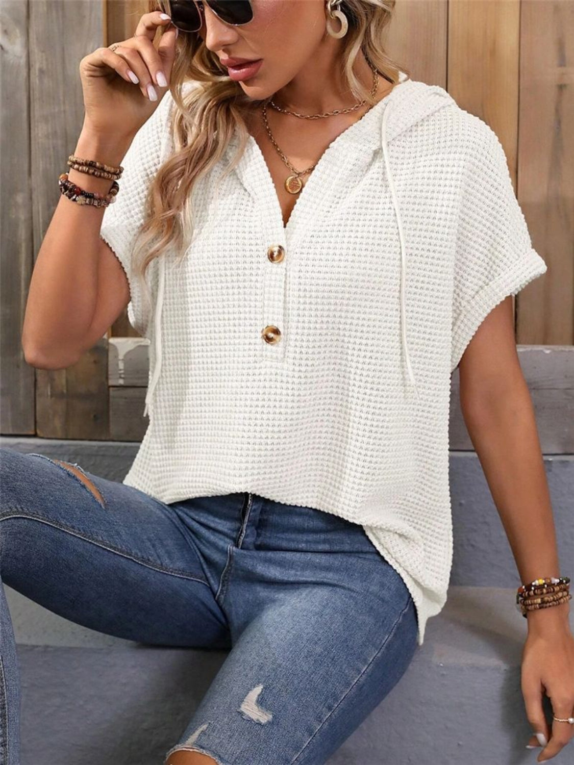 Waffle-Knit Hooded Short Sleeve Top - The Goddess Galleries