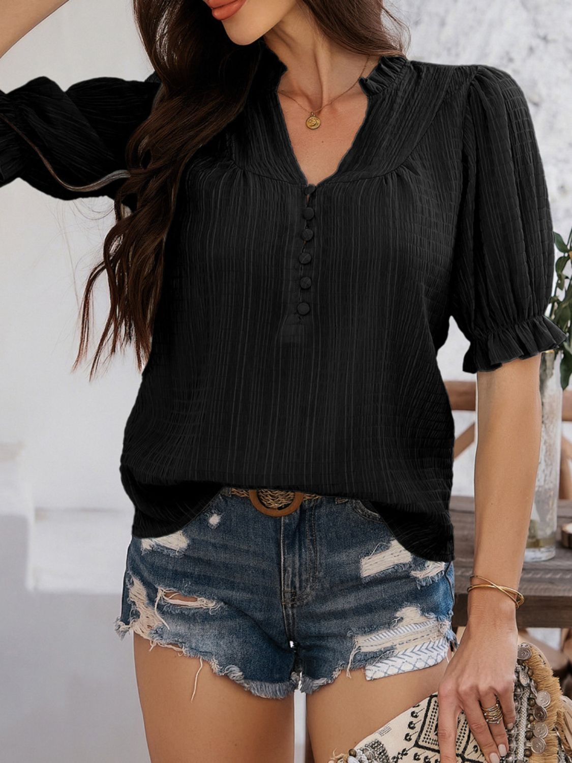 Devine Frill Notched Short Sleeve Blouse - The Goddess Galleries