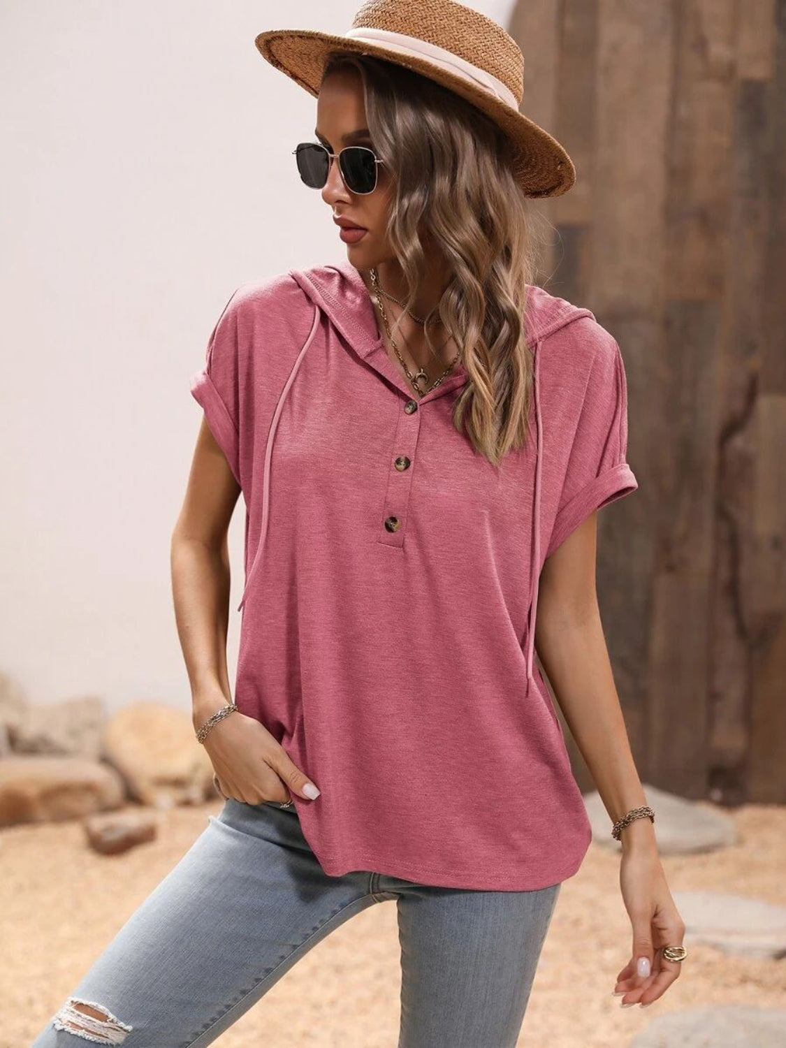 Half Button Hooded Short Sleeve Blouse - The Goddess Galleries