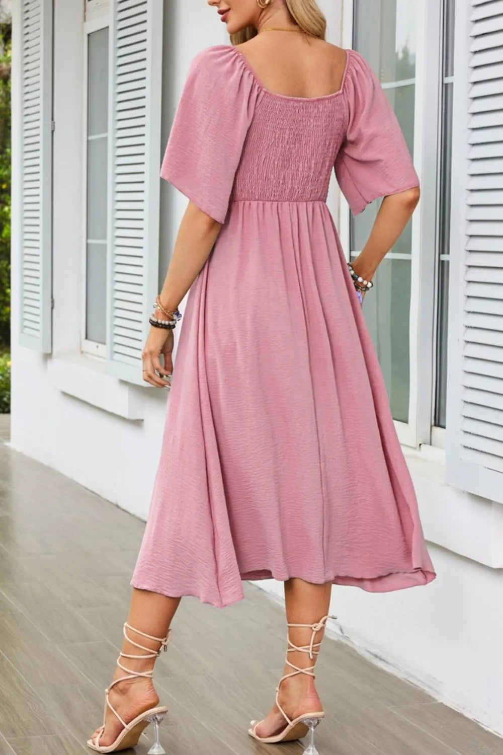 Smocked Tie Front Flutter Sleeve Midi Dress - The Goddess Galleries