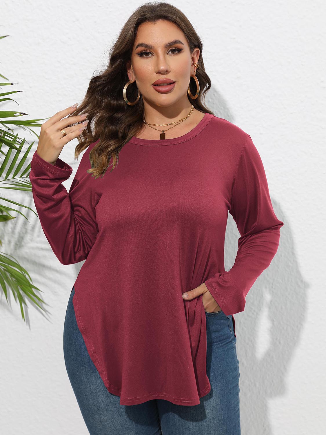Plus Size Round Neck Long Sleeve Slit T-Shirt - The Goddess Galleries