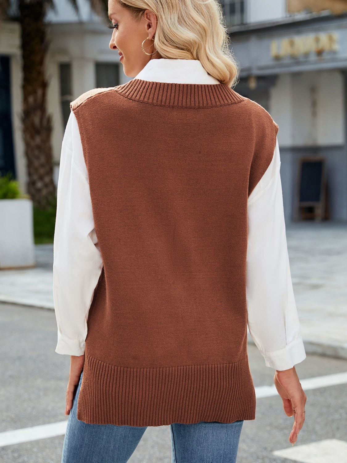 Side Slit V-Neck Sweater Vest - The Goddess Galleries
